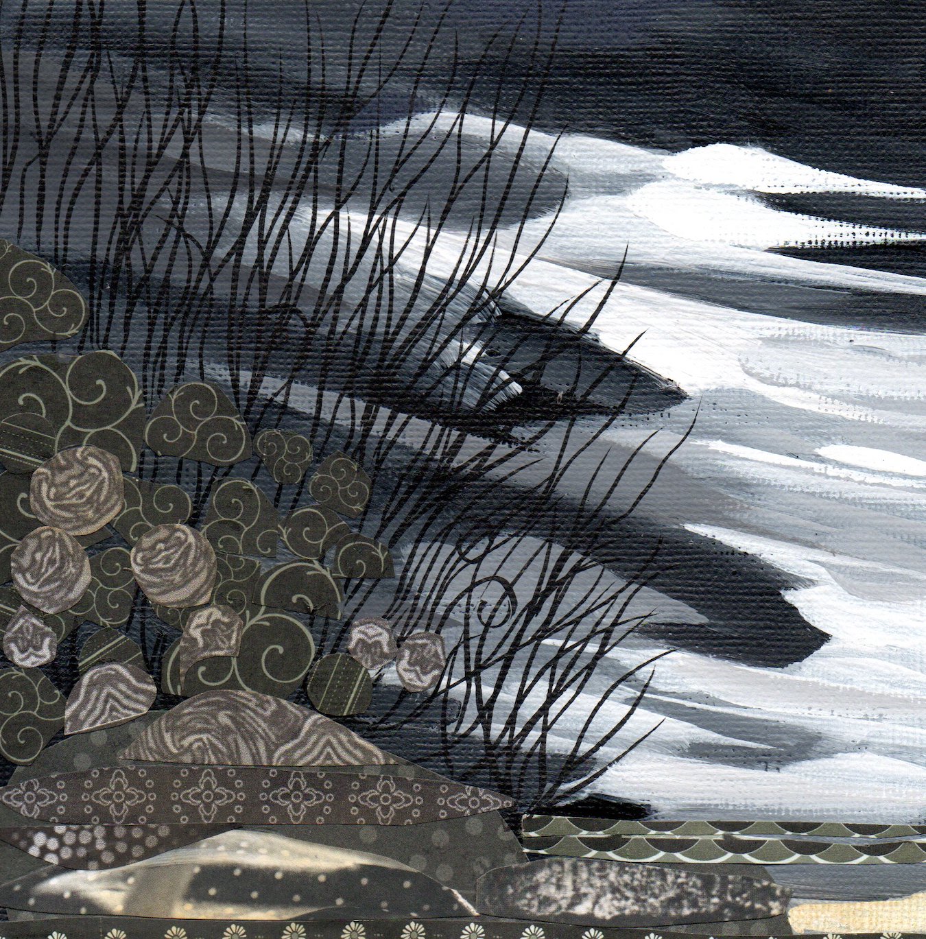 collage of drawn and painted natural scene of dark sky with a hill and dark spindly branches and slanted clouds like wind